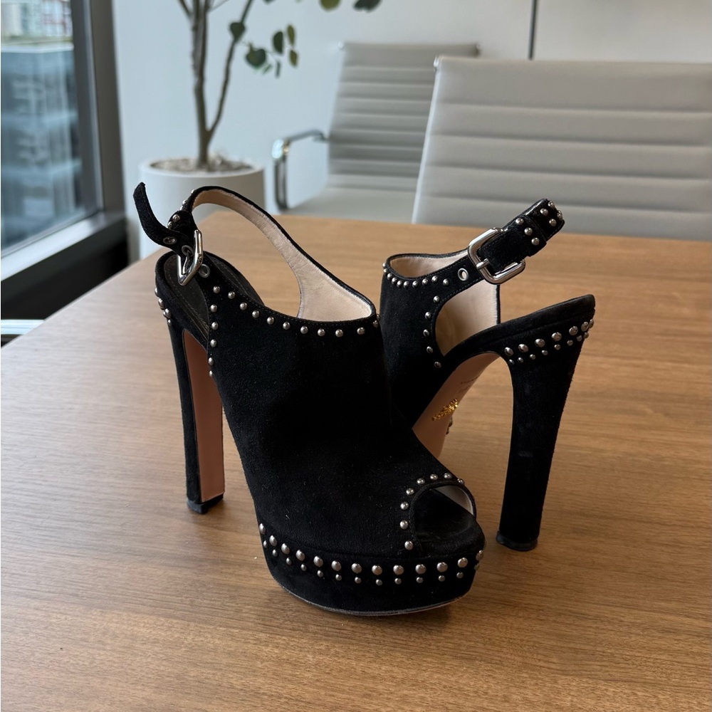 Prada Black Studded Peep-Toe Heels